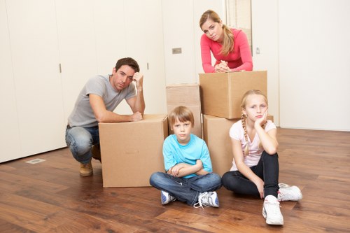 Packed office furniture and equipment ready for transport